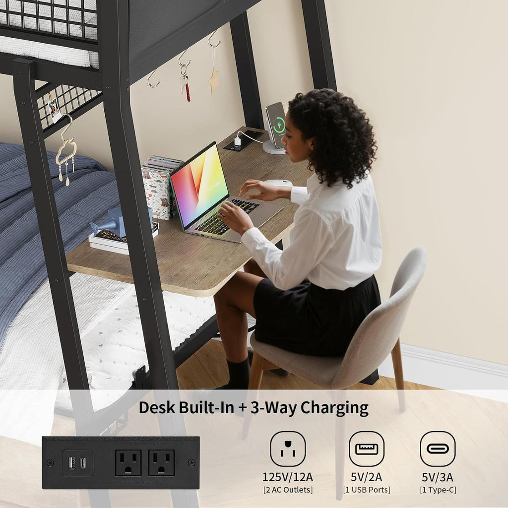 LED Bunk Bed with Desk Greige