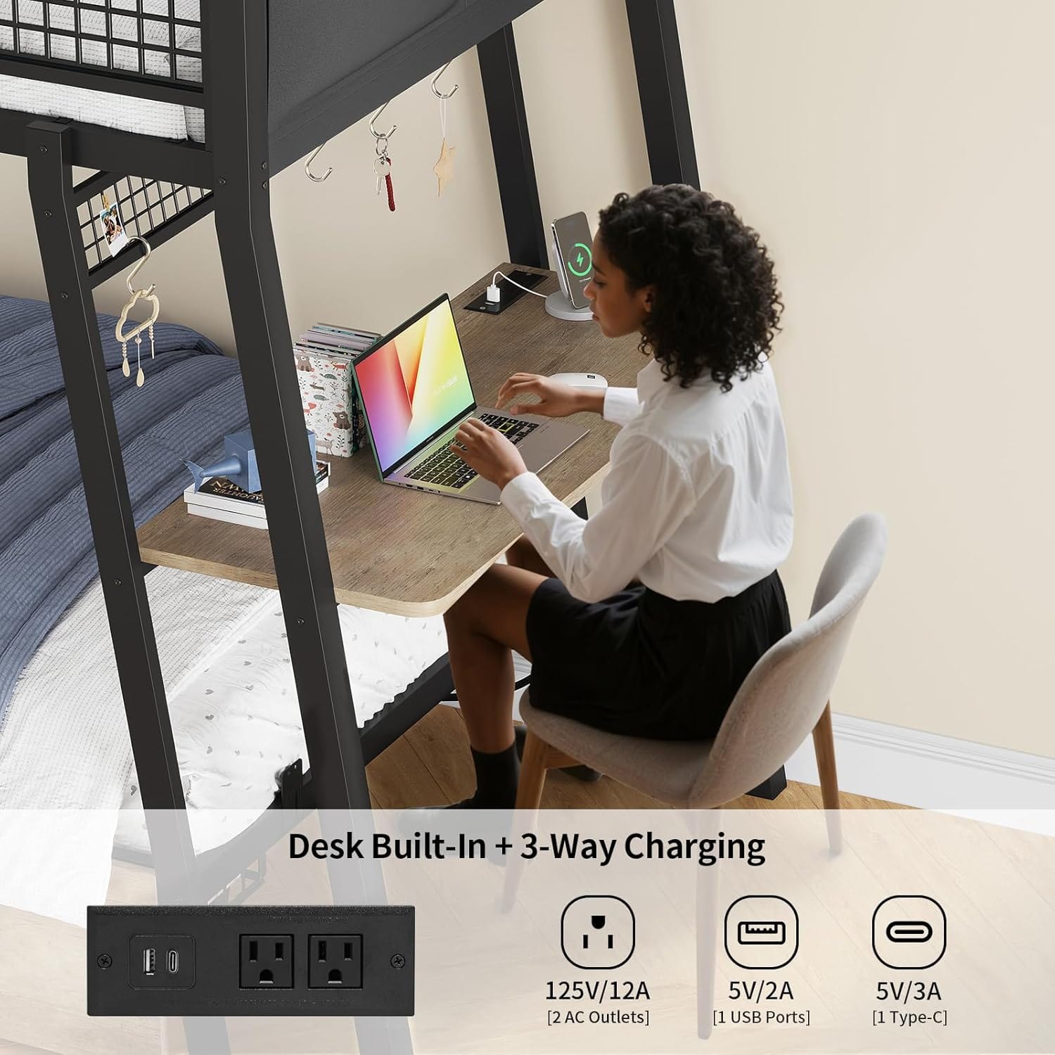 LED Bunk Bed with Desk Greige