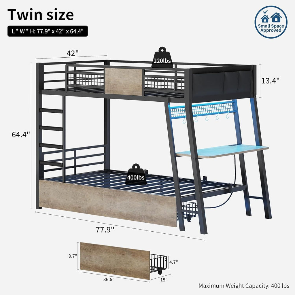 LED Bunk Bed with Desk Greige