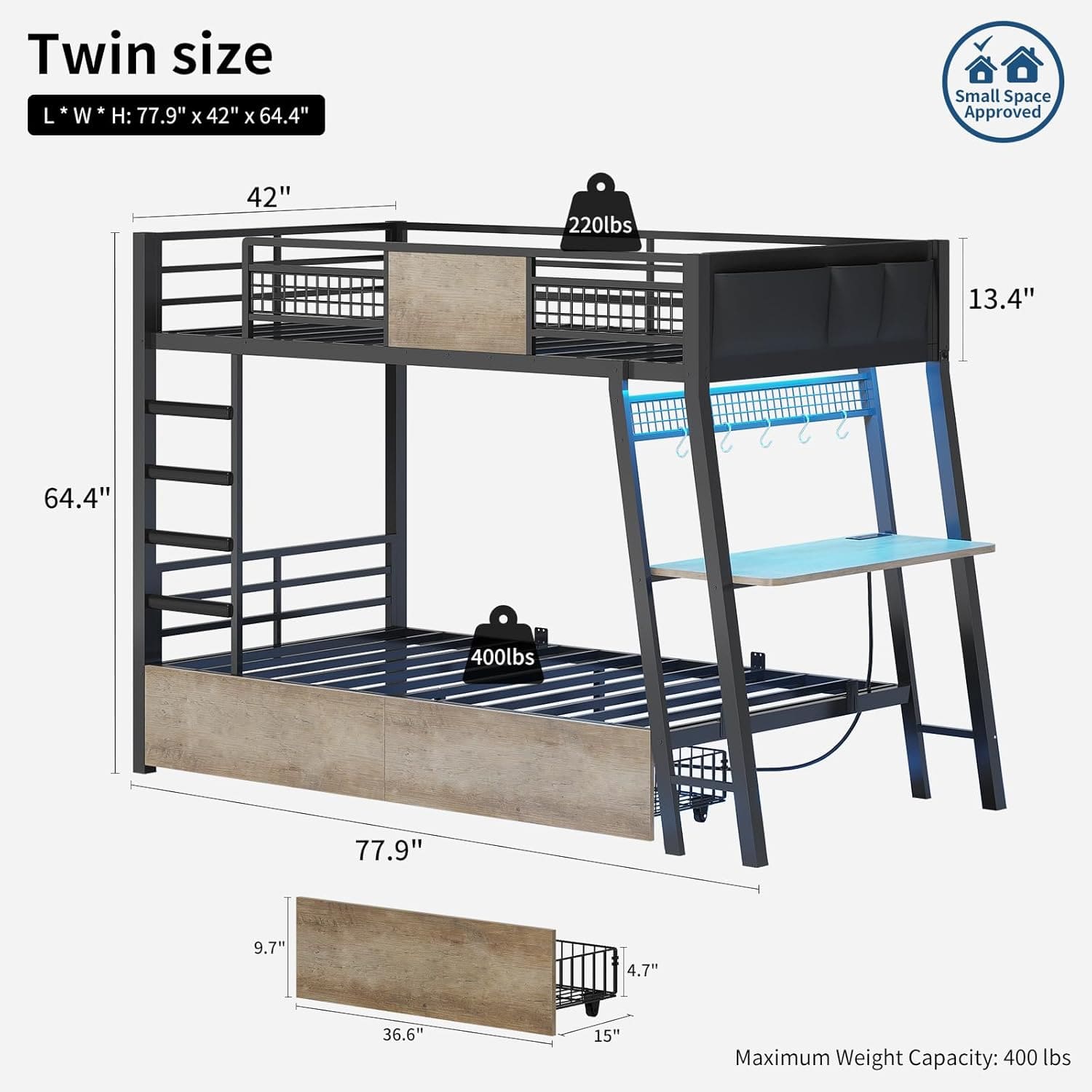 LED Bunk Bed with Desk Greige