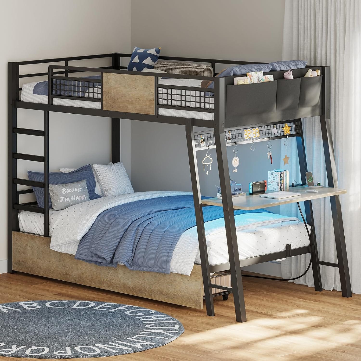 LED Bunk Bed with Desk Greige