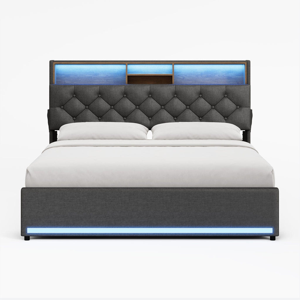 LED Bed Frame 4 Drawers Linen Grey