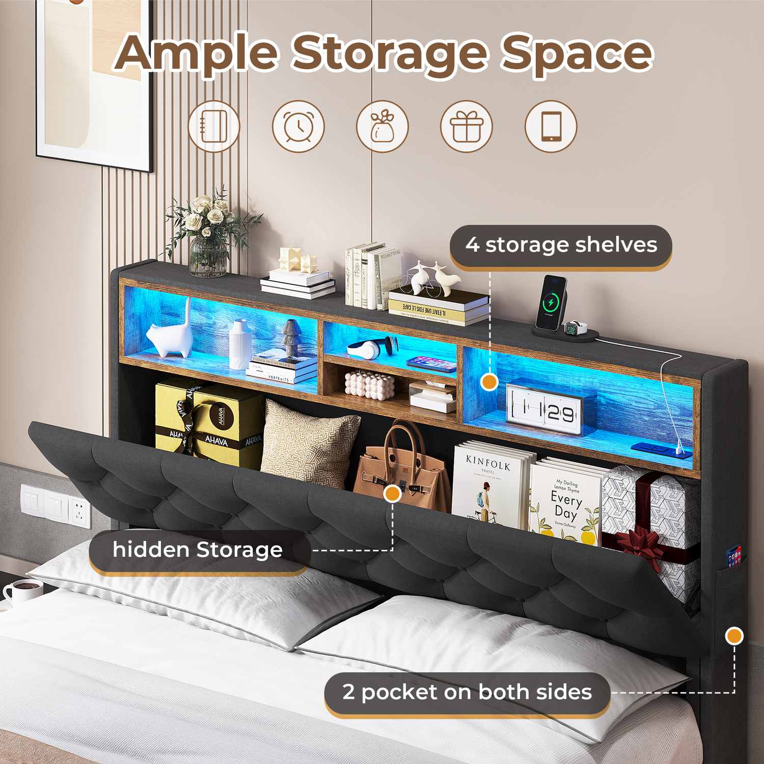 LED Bed Frame 4 Drawers Linen Grey