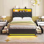 LED Bed Frame 4 Drawers Linen Grey