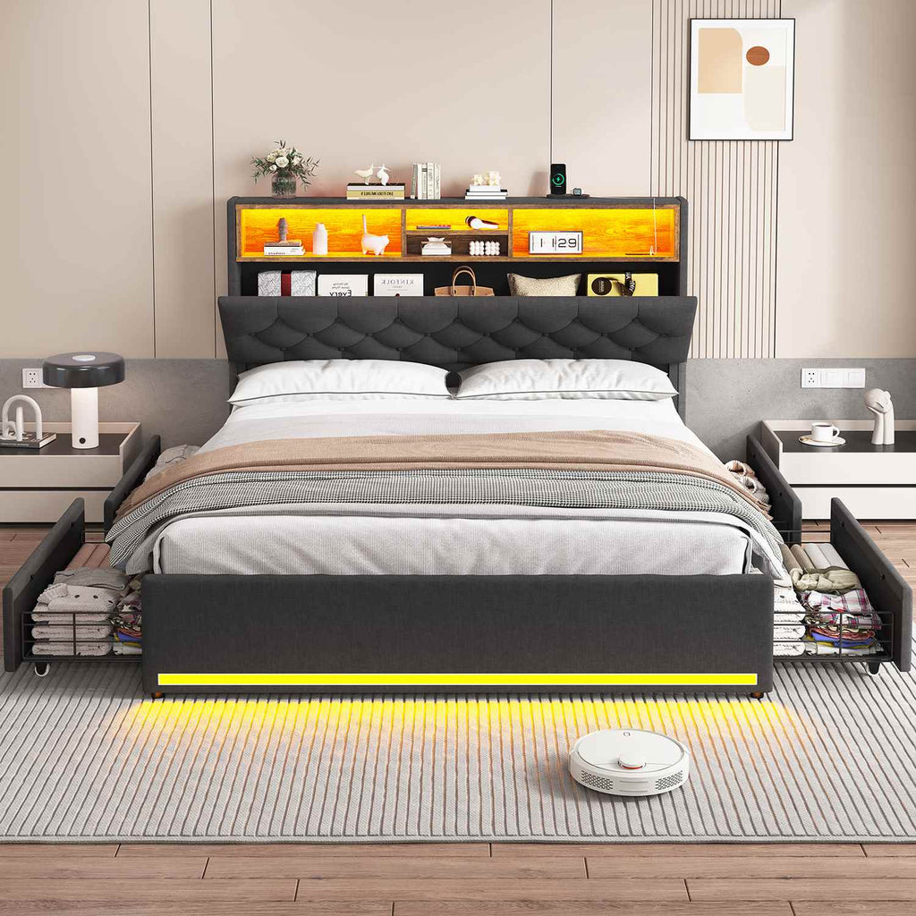 LED Bed Frame 4 Drawers Linen Grey