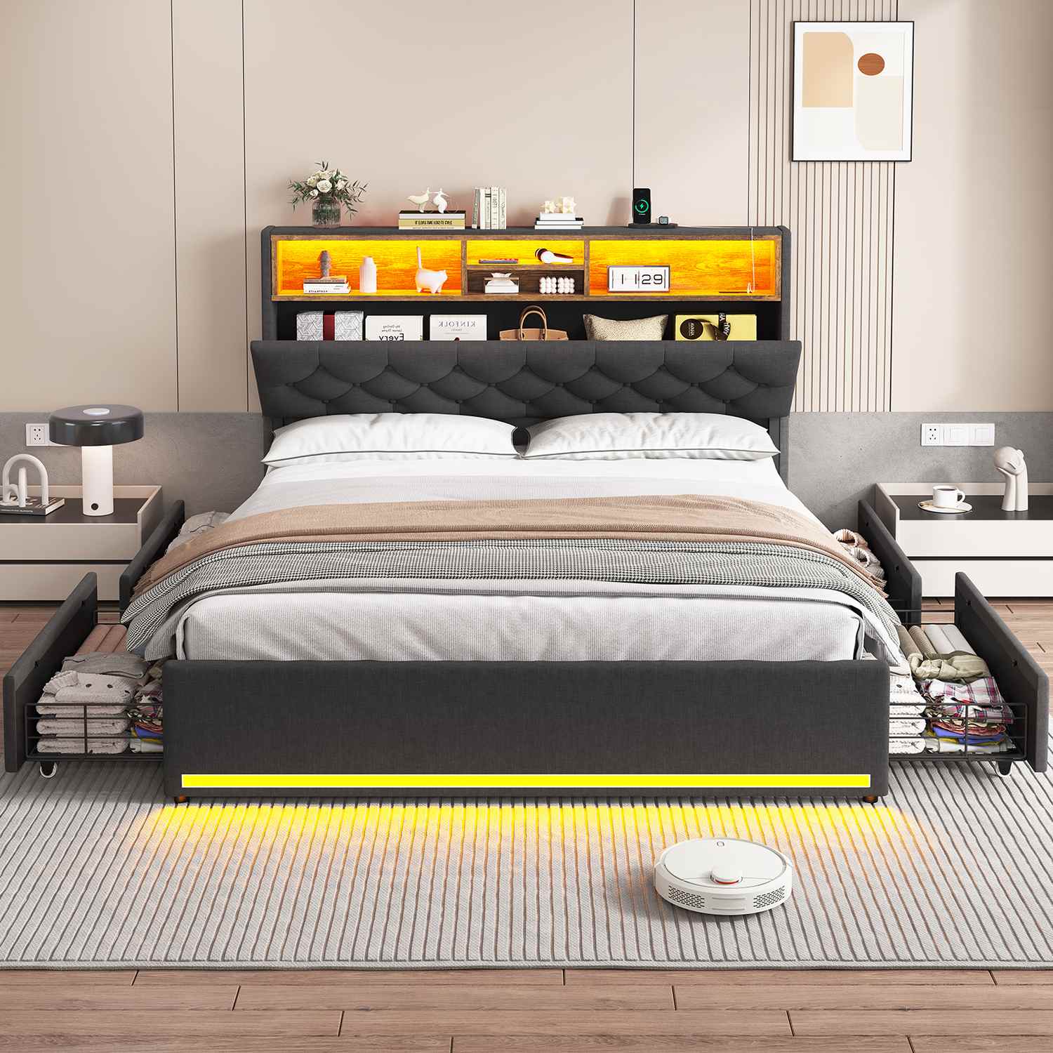 LED Bed Frame 4 Drawers Linen Grey