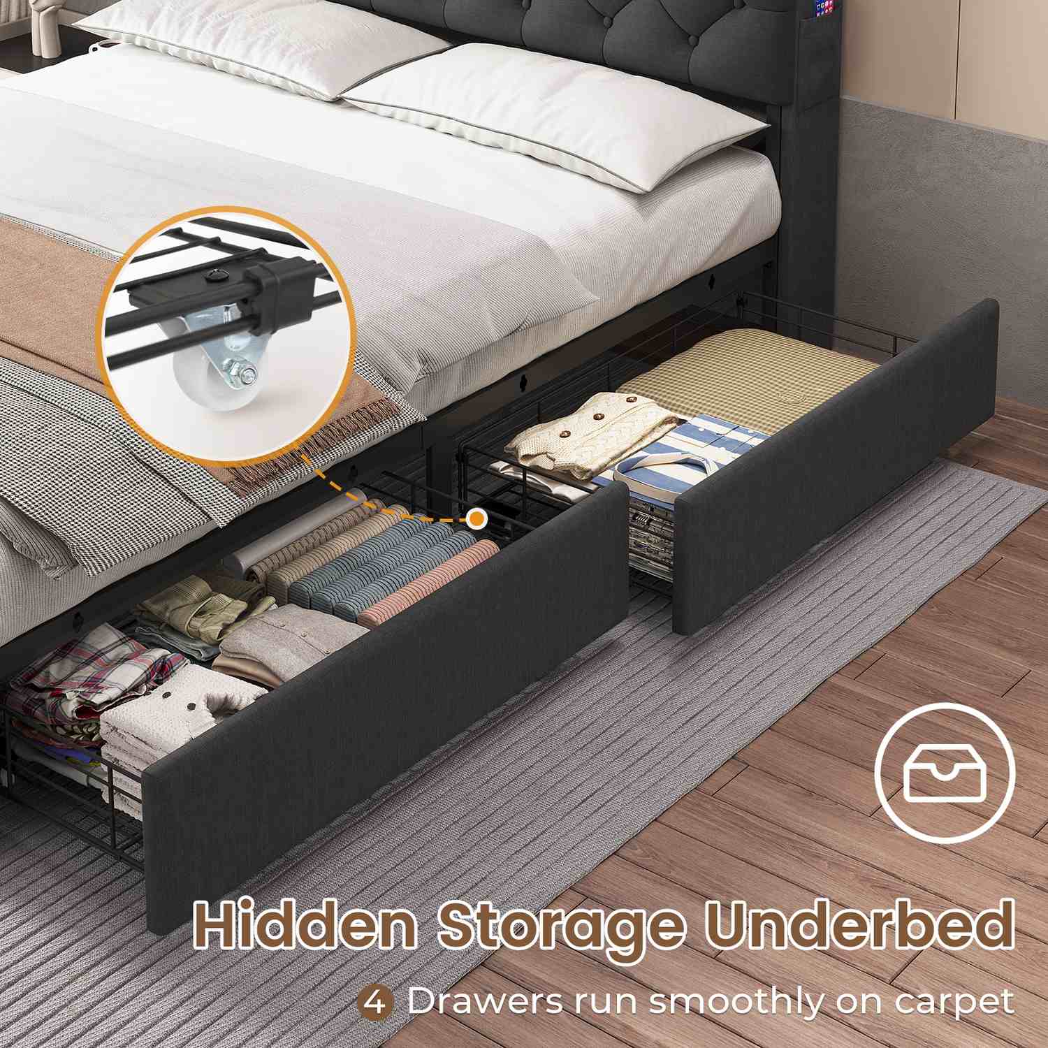 LED Bed Frame 4 Drawers Linen Grey
