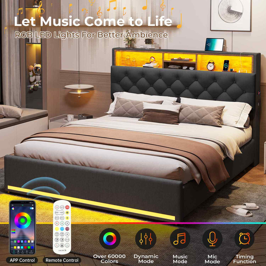 LED Bed Frame 4 Drawers Linen Grey