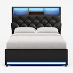 LED Bed Frame 4 Drawers PU Black
