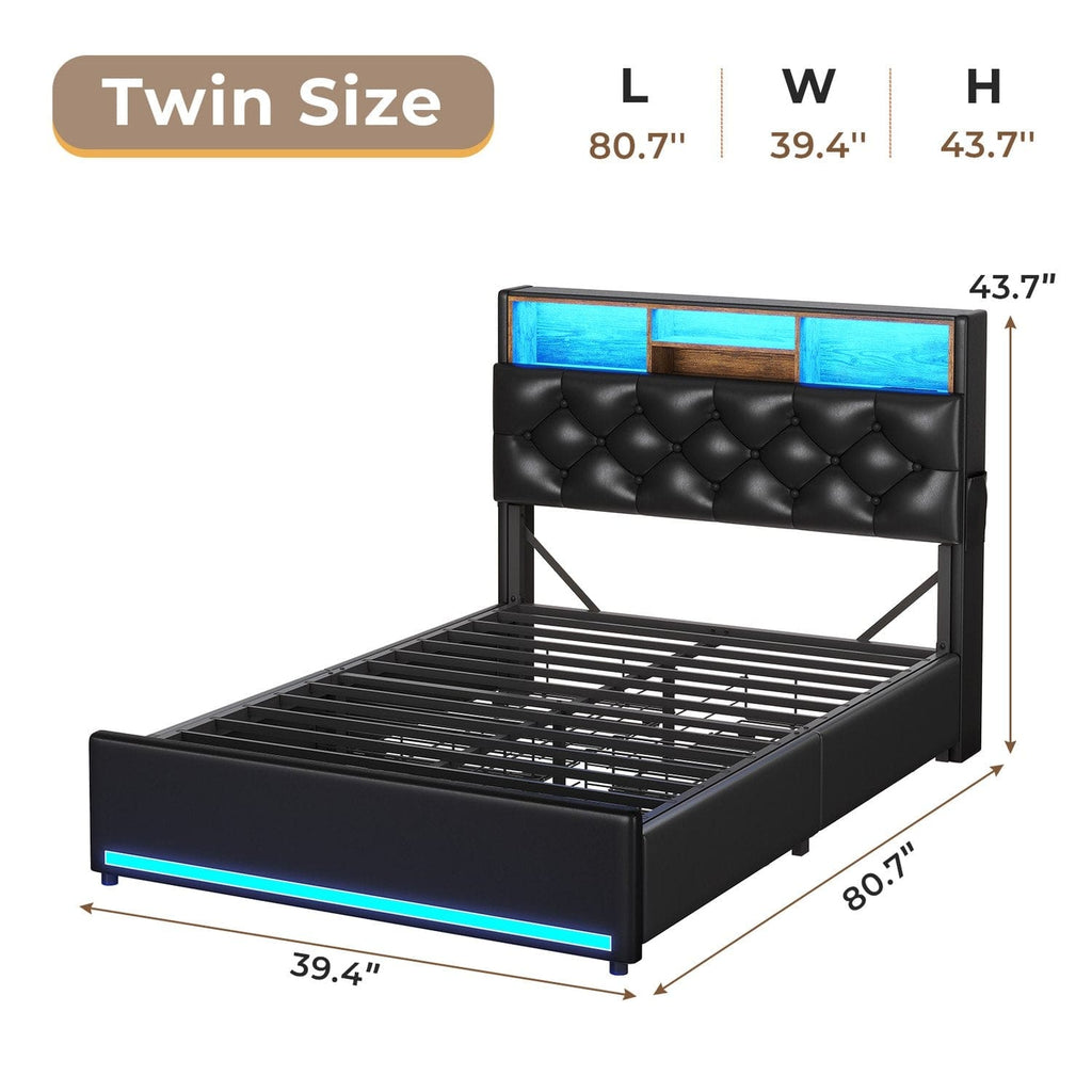 LED Bed Frame 4 Drawers PU Black