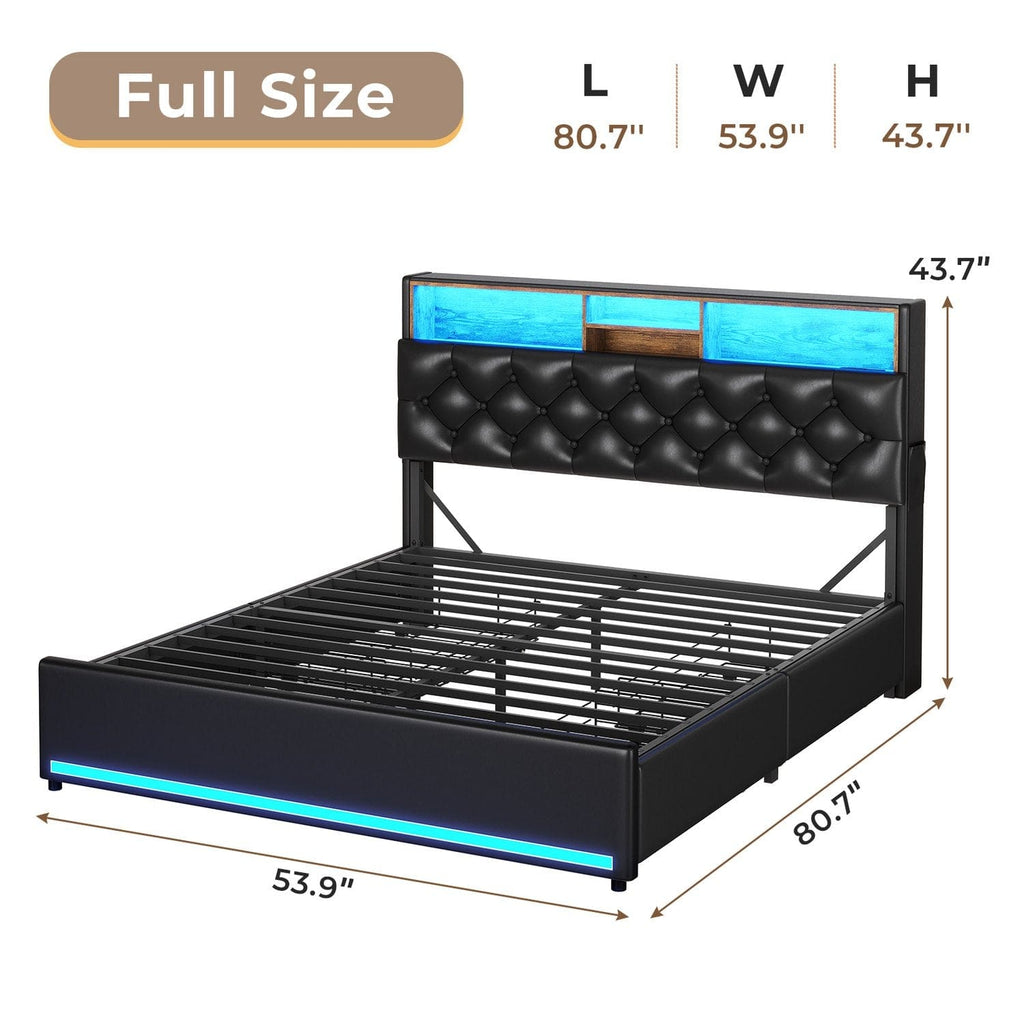 LED Bed Frame 4 Drawers PU Black