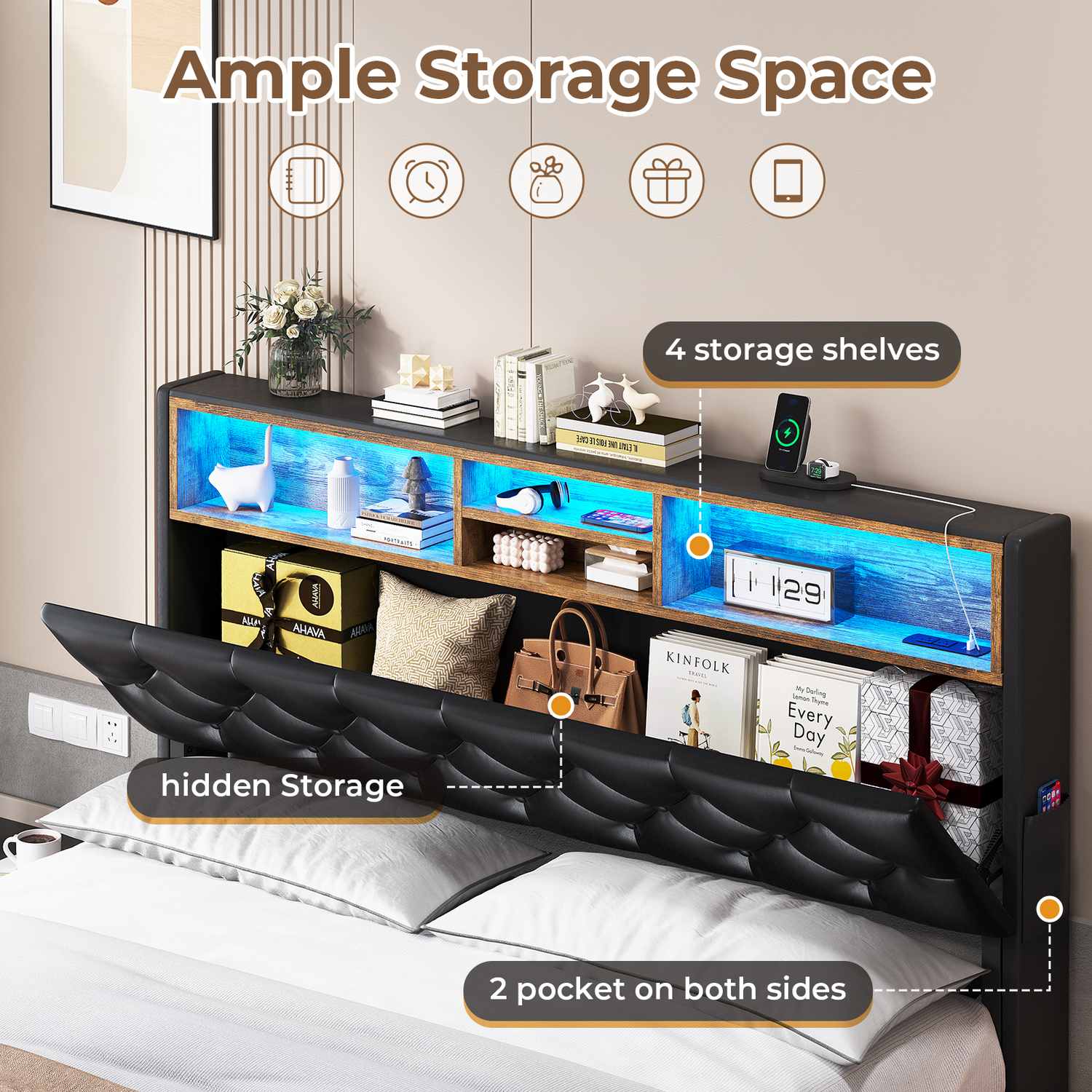 LED Bed Frame 4 Drawers PU Black