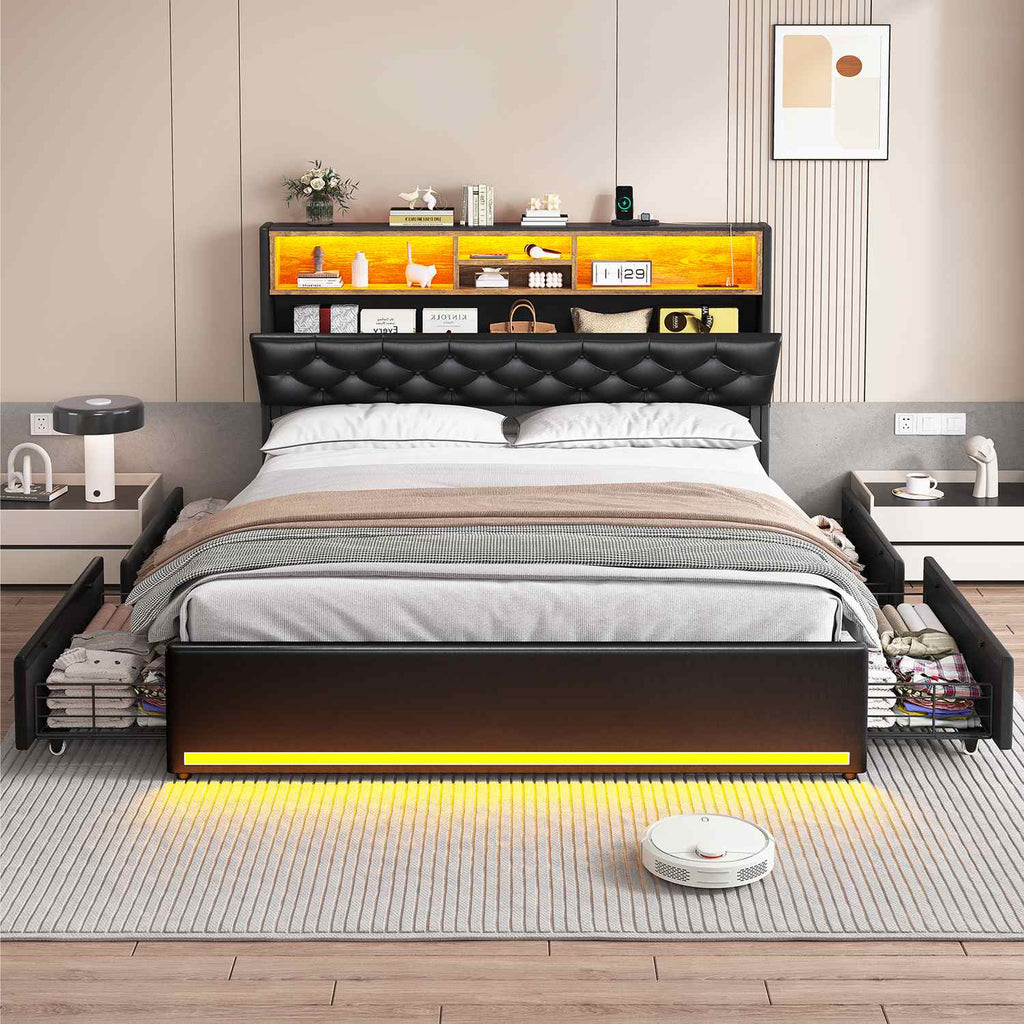 LED Bed Frame 4 Drawers PU Black