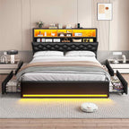 LED Bed Frame 4 Drawers PU Black