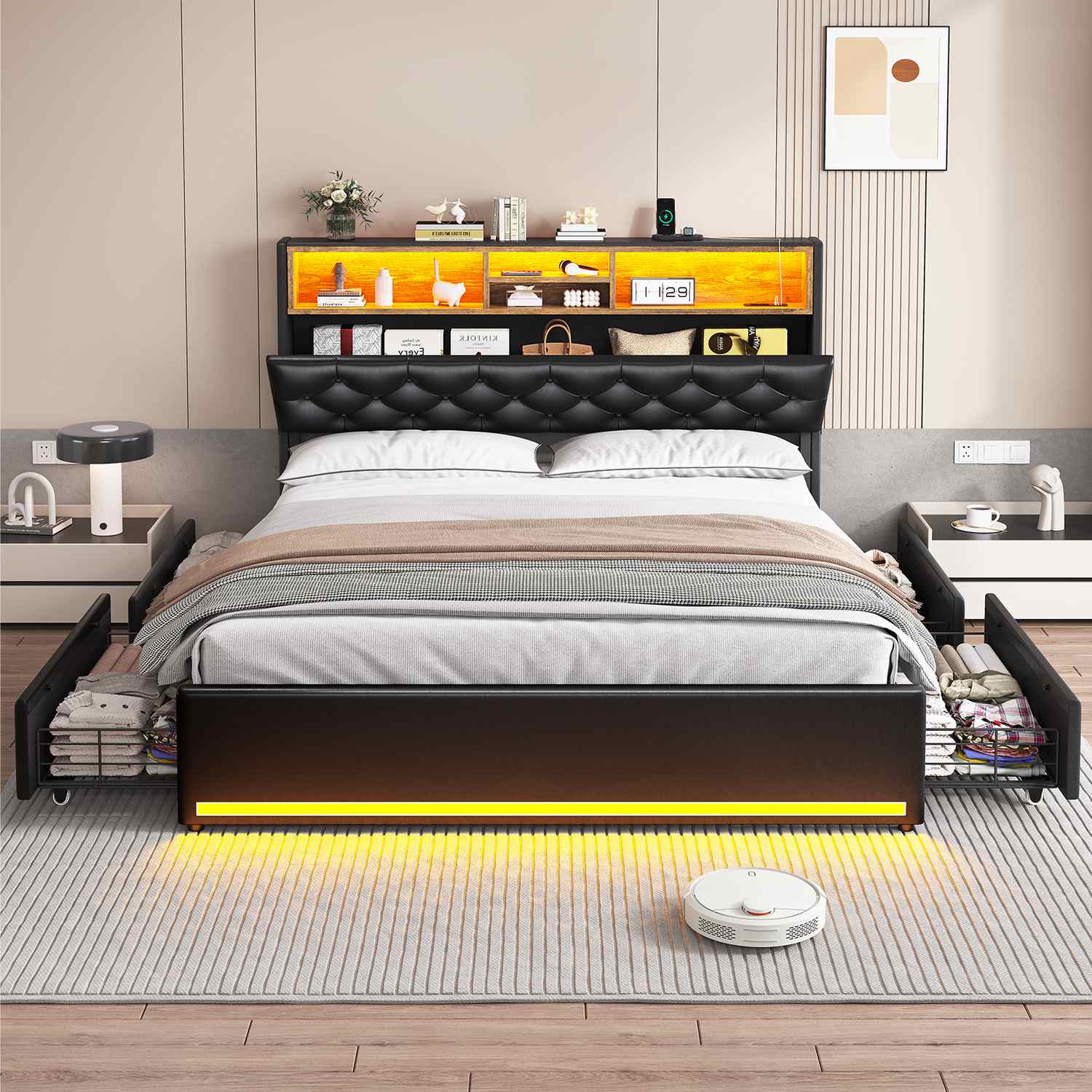 LED Bed Frame 4 Drawers PU Black