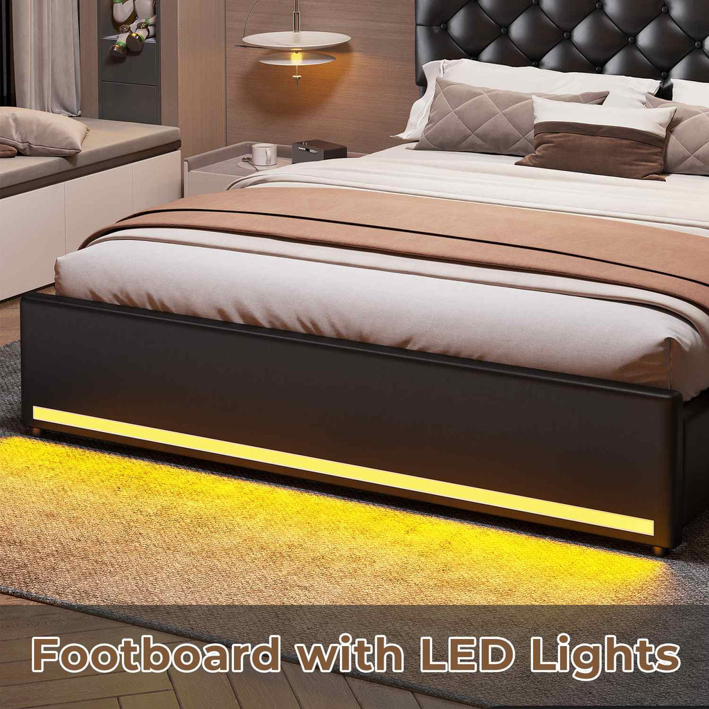 LED Bed Frame 4 Drawers PU Black