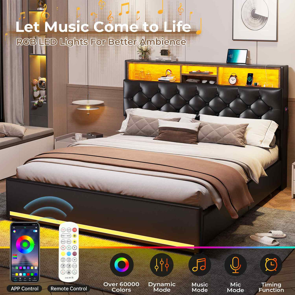 LED Bed Frame 4 Drawers PU Black