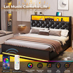 LED Bed Frame 4 Drawers PU Black