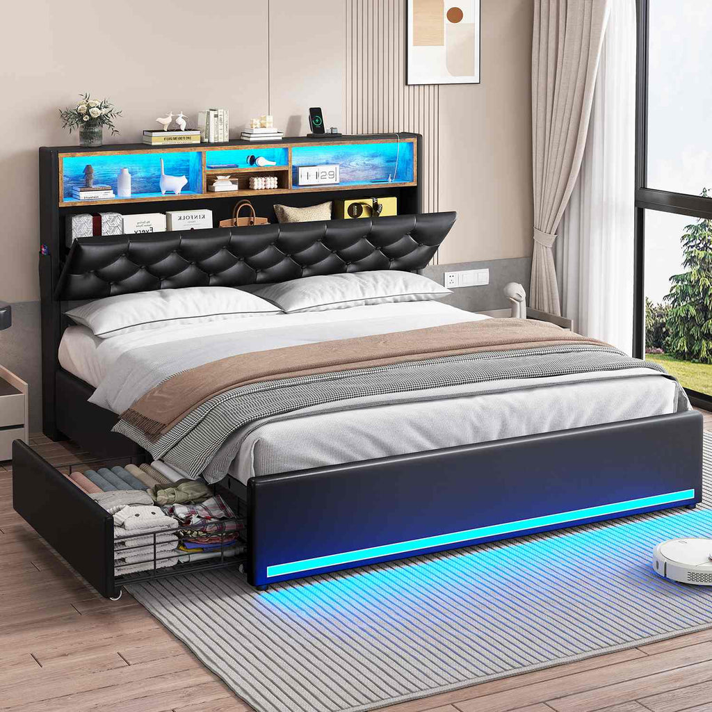 LED Bed Frame 4 Drawers PU Black