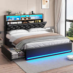 LED Bed Frame 4 Drawers PU Black