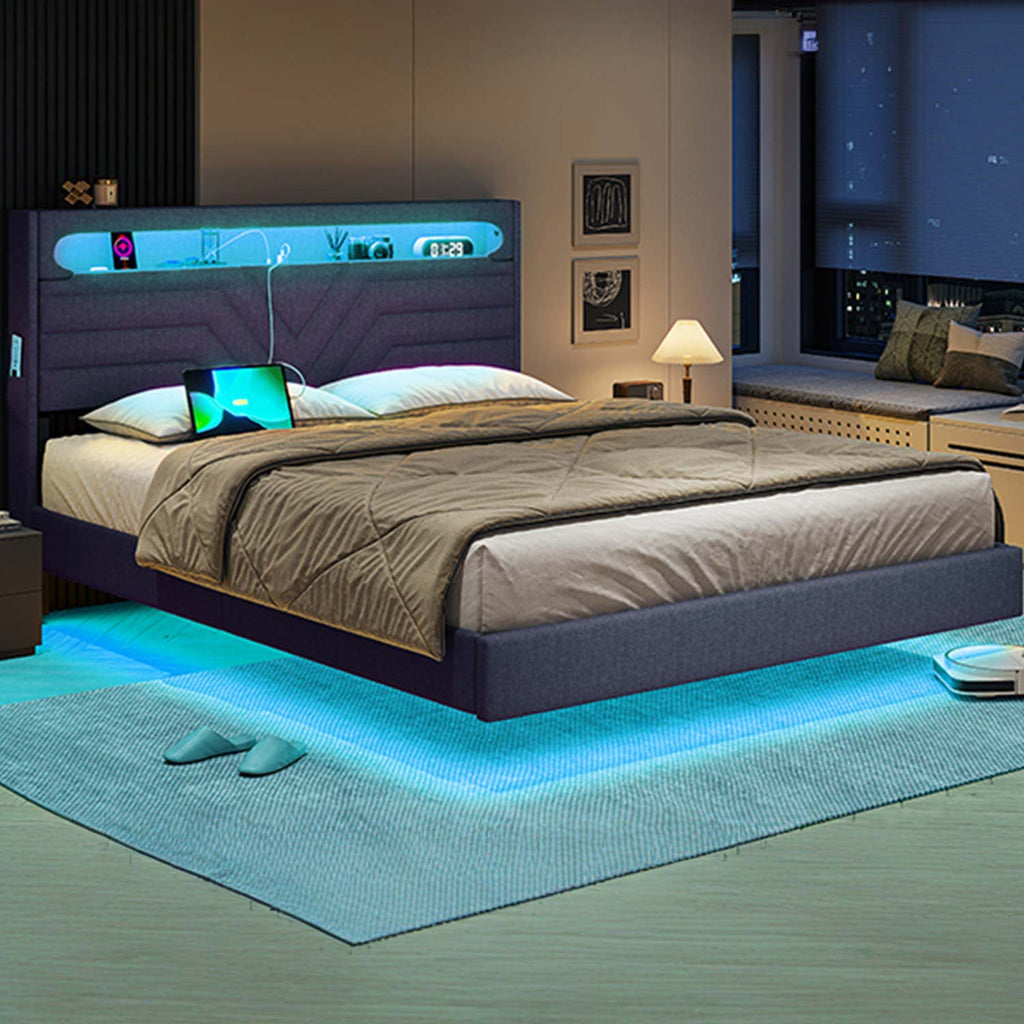 LED Bed Frame with Charging Station Black
