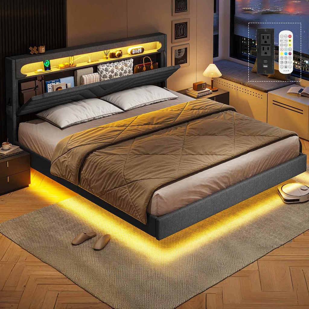 LED Bed Frame with Charging Station Black
