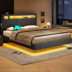 LED Bed Frame with Charging Station Black