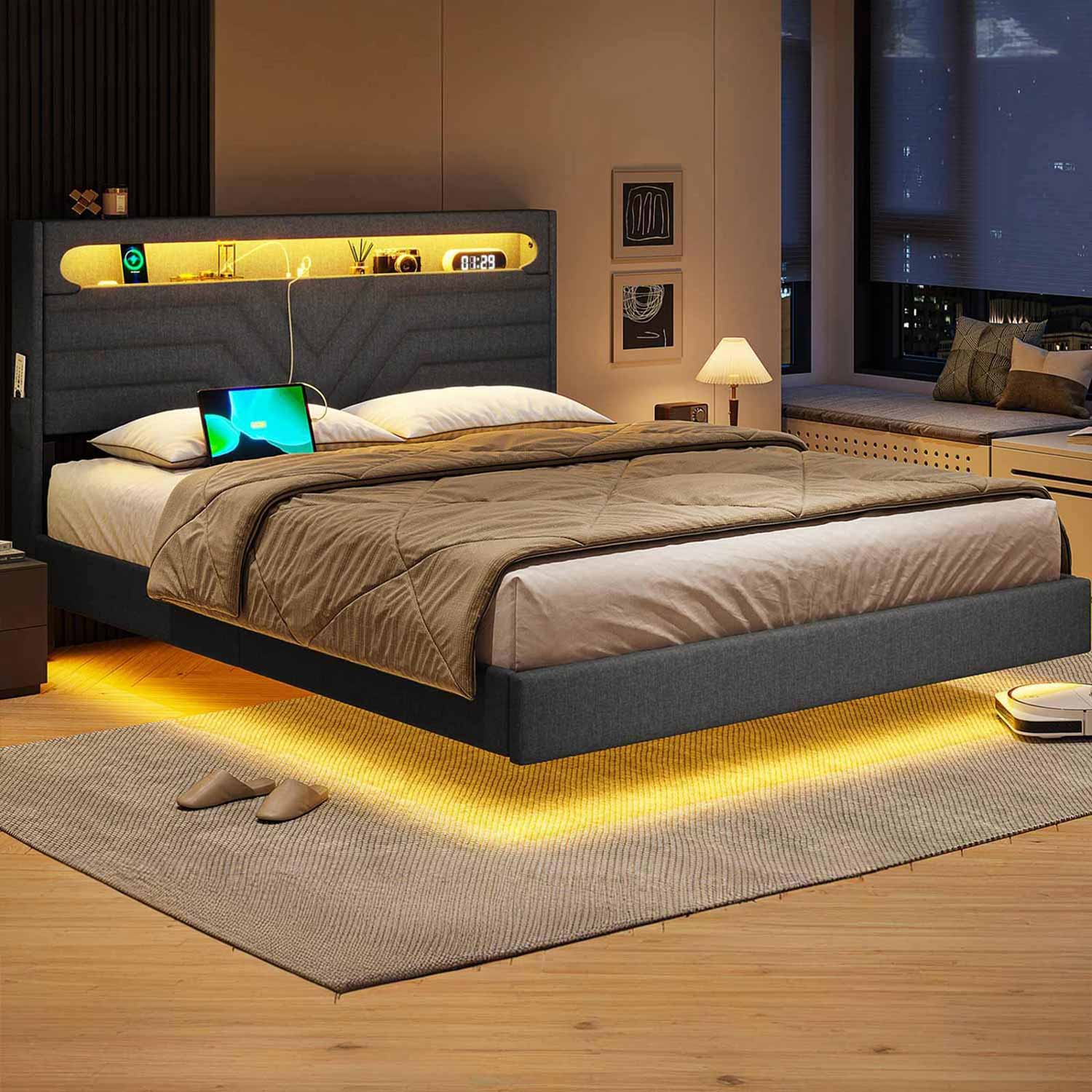 LED Bed Frame with Charging Station Black