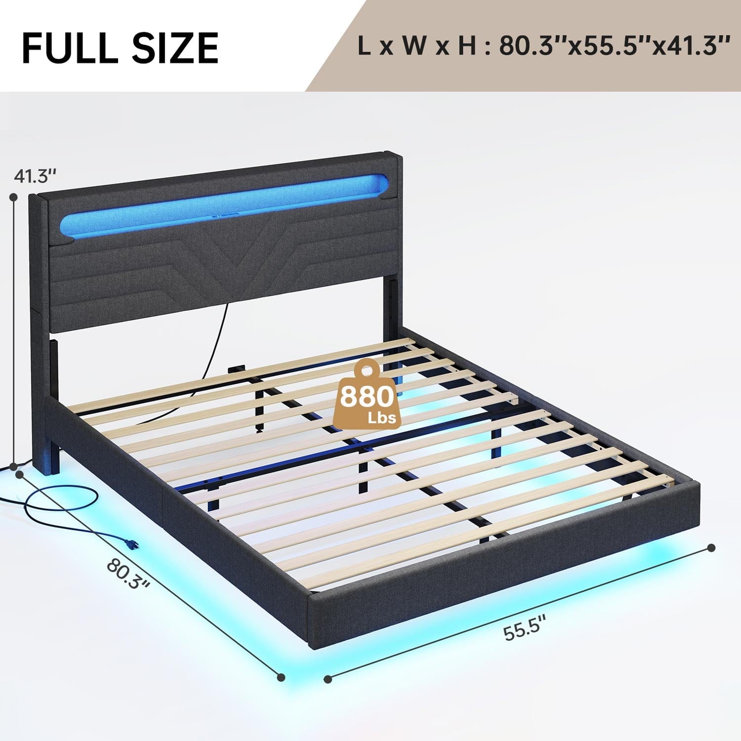 LED Bed Frame with Charging Station Black