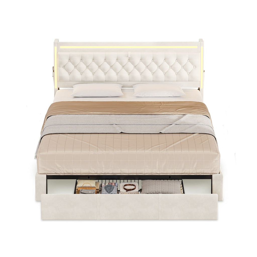 LED Bed Frame with Drawers Beige