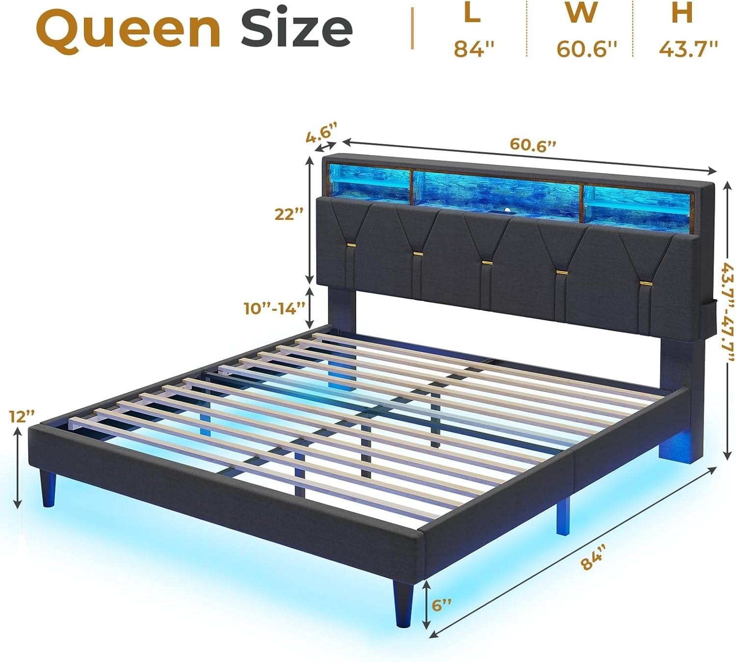 Linen Fabric LED Bed Frame Grey