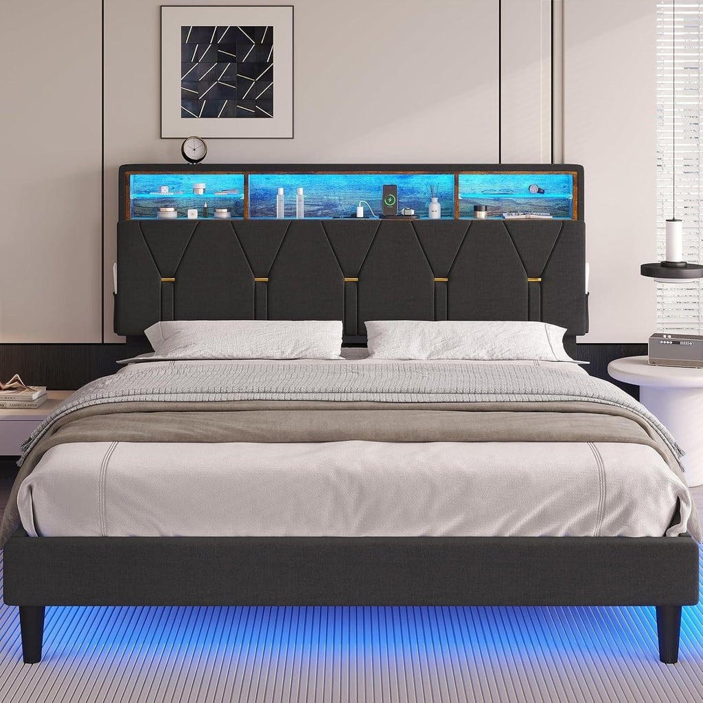 Linen Fabric LED Bed Frame Grey