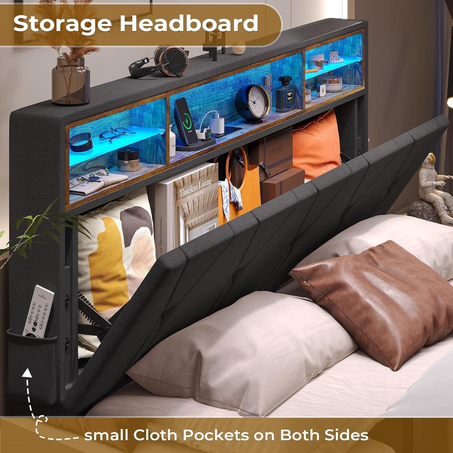 Linen Fabric LED Bed Frame Grey