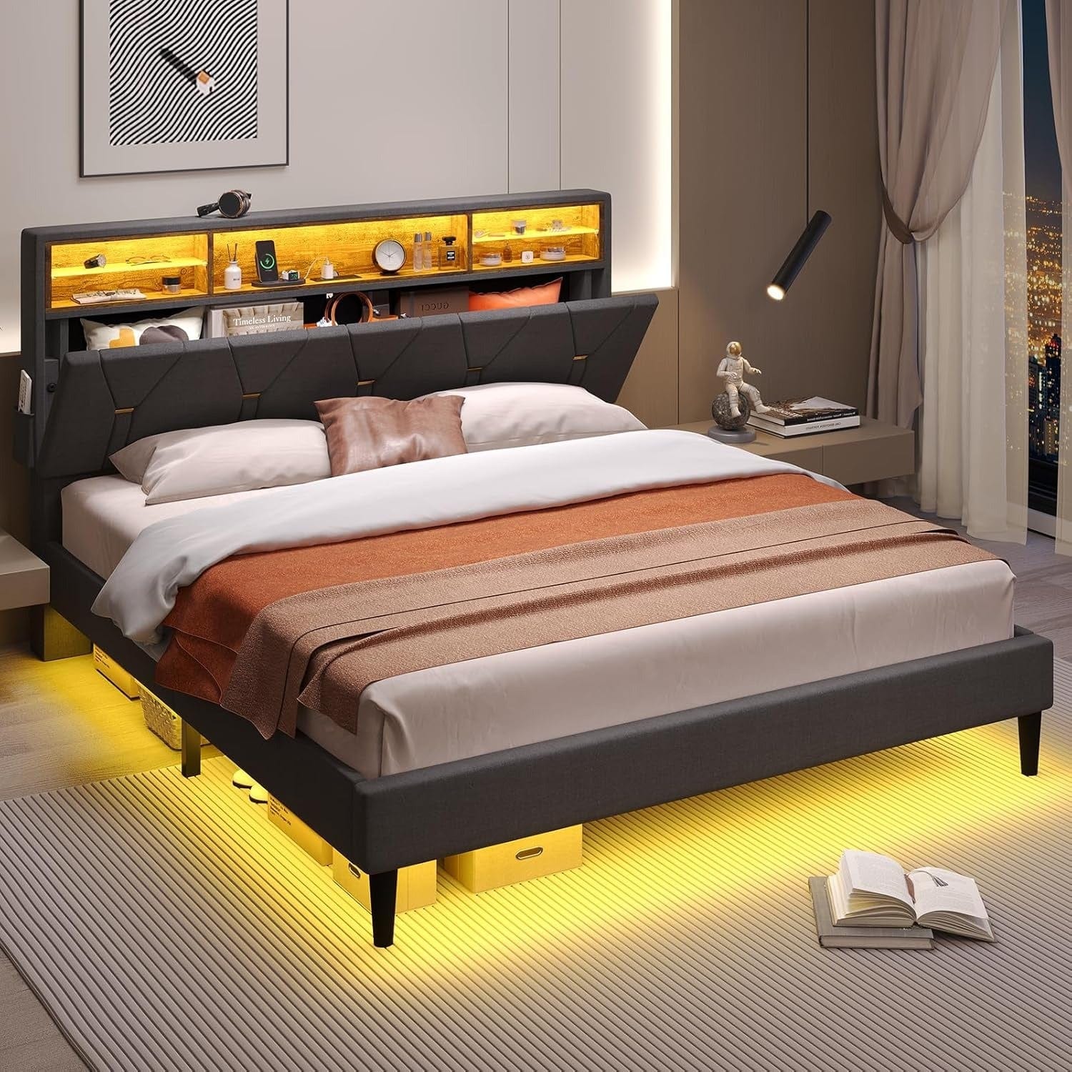 Linen Fabric LED Bed Frame Grey