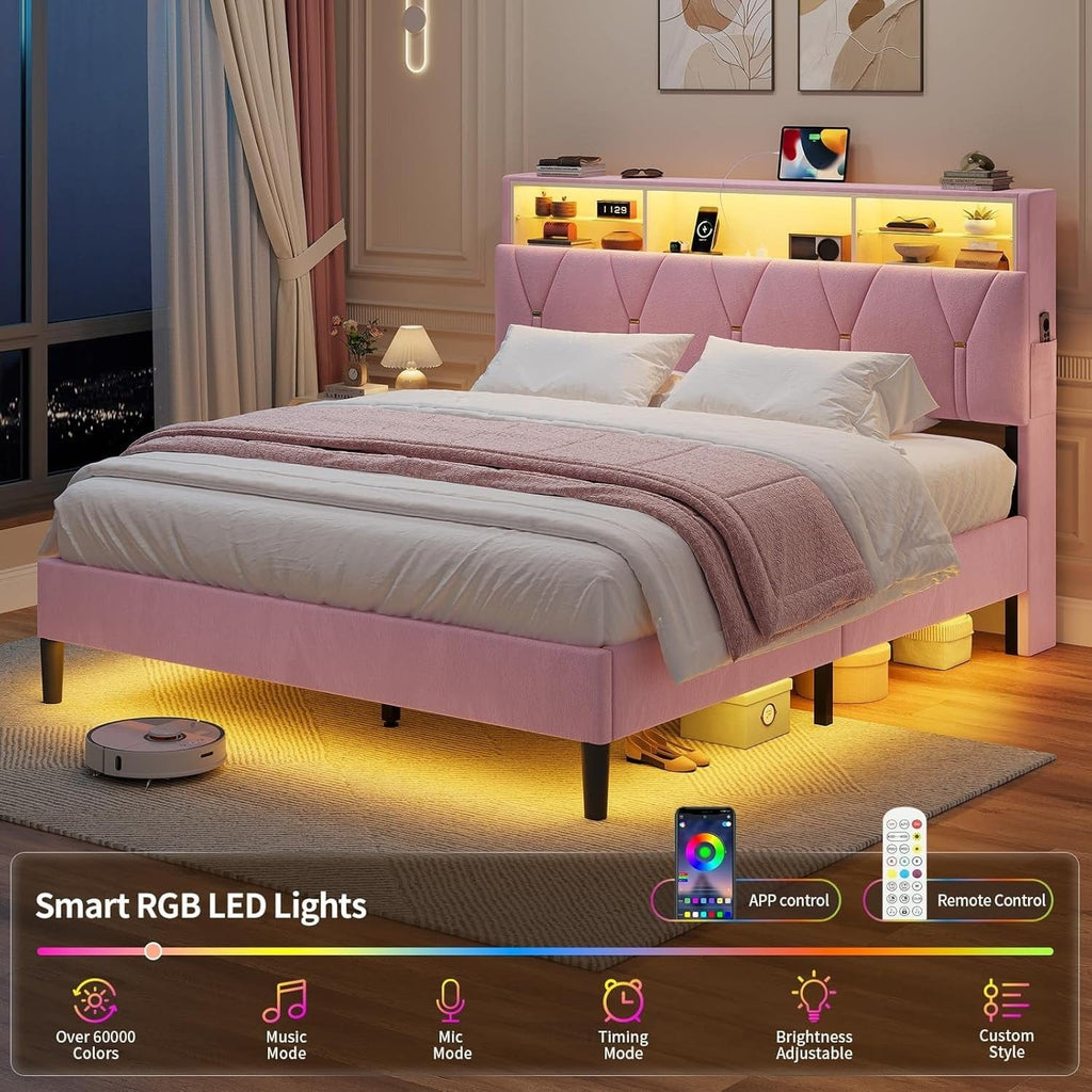 Linen Fabric LED Bed Frame Pink