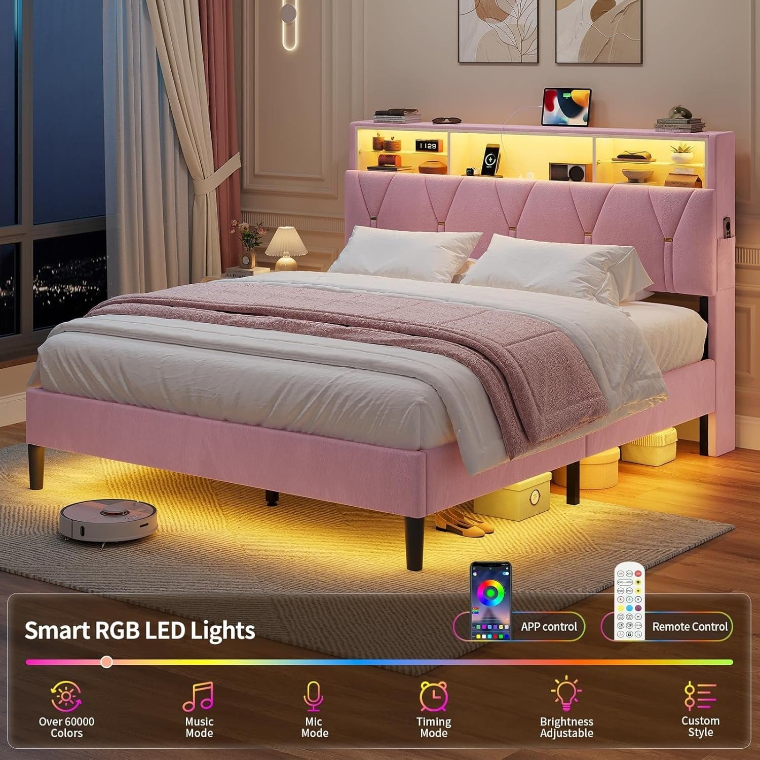 Linen Fabric LED Bed Frame Pink