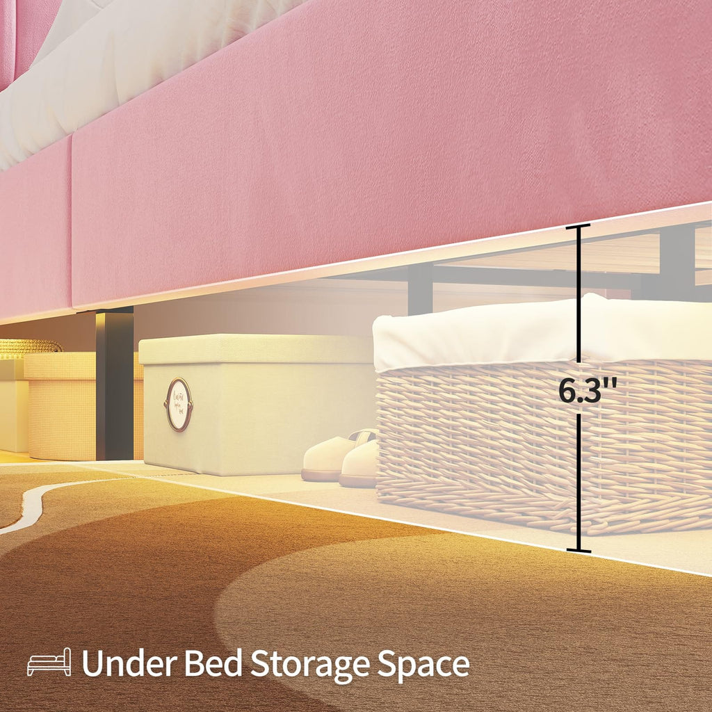 Linen Fabric LED Bed Frame Pink