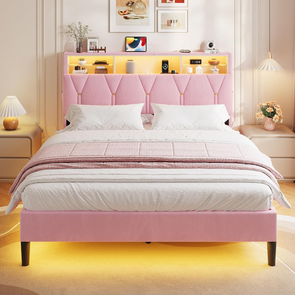 Linen Fabric LED Bed Frame Pink