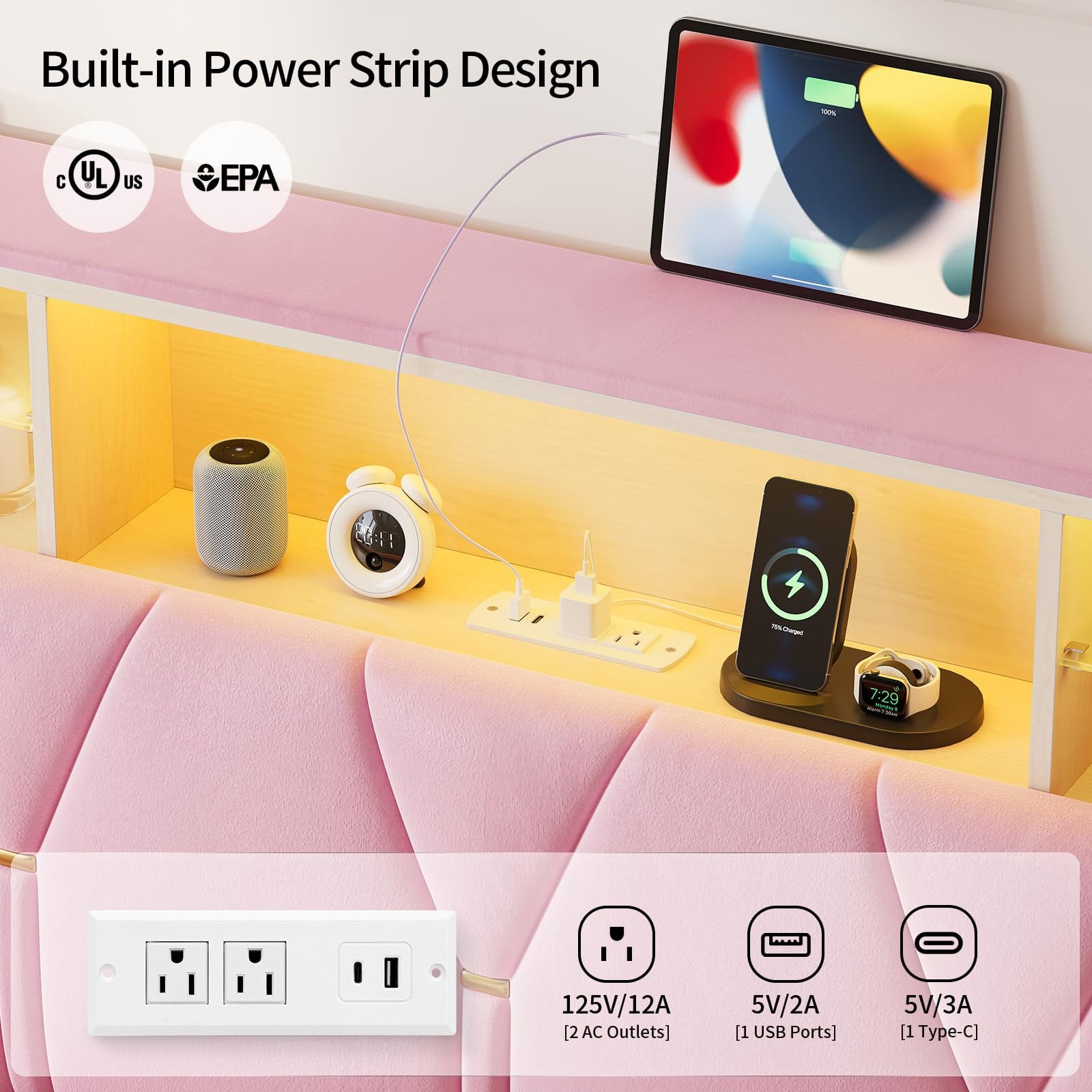 Linen Fabric LED Bed Frame Pink