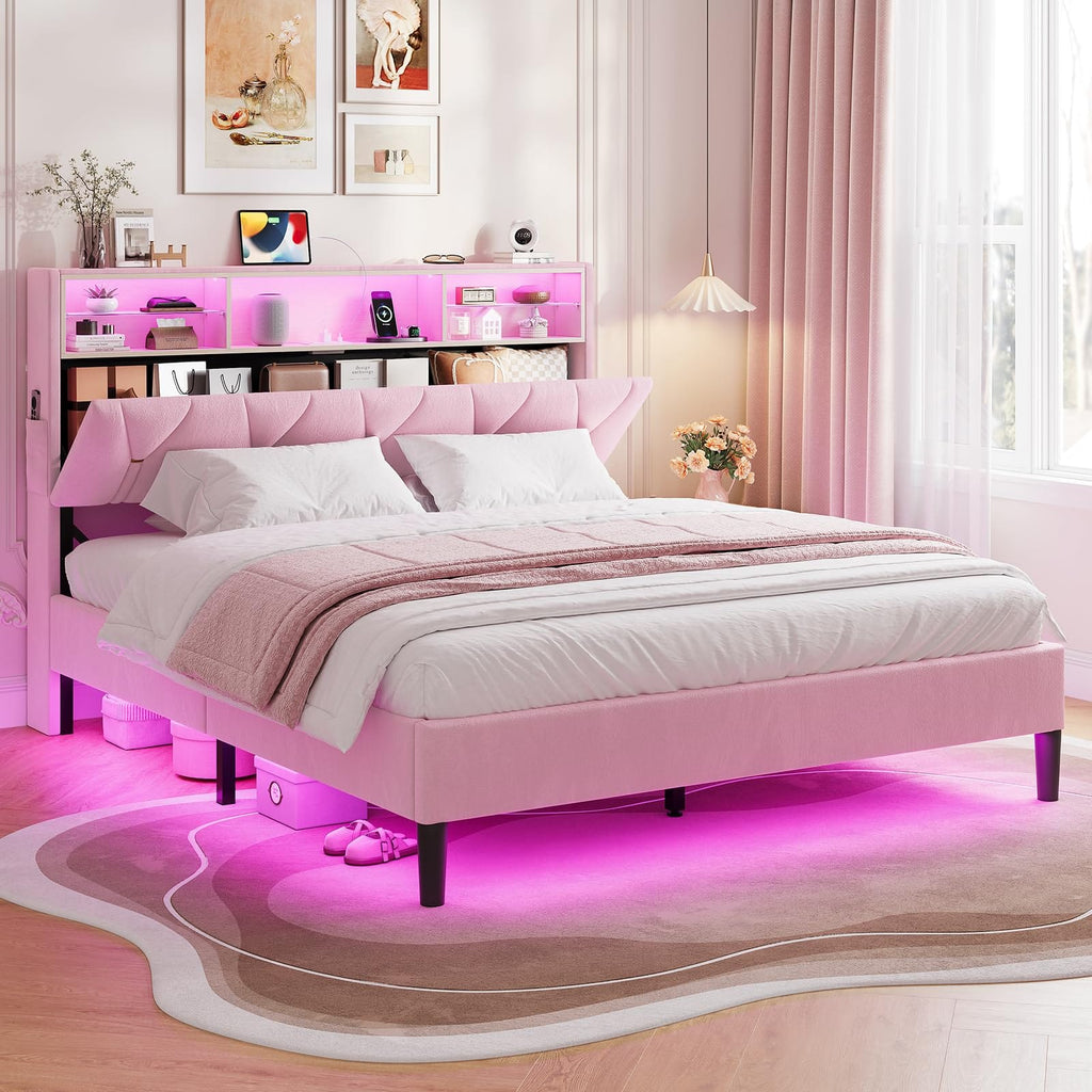 Linen Fabric LED Bed Frame Pink