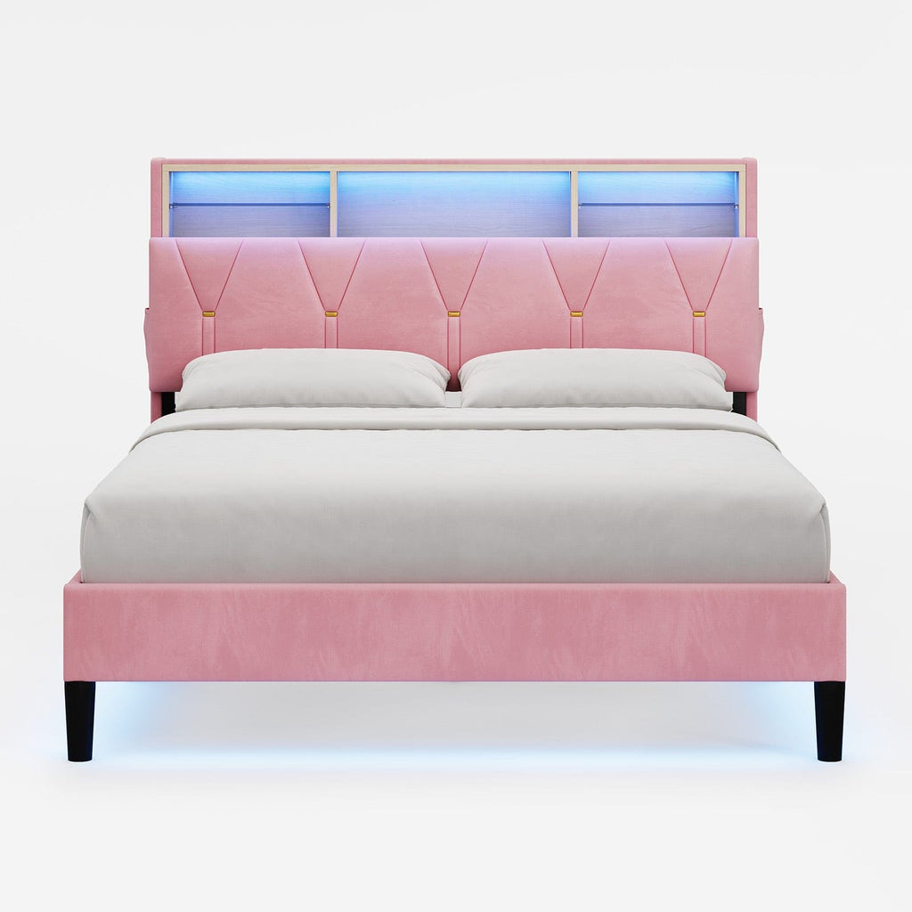 Linen Fabric LED Bed Frame Pink