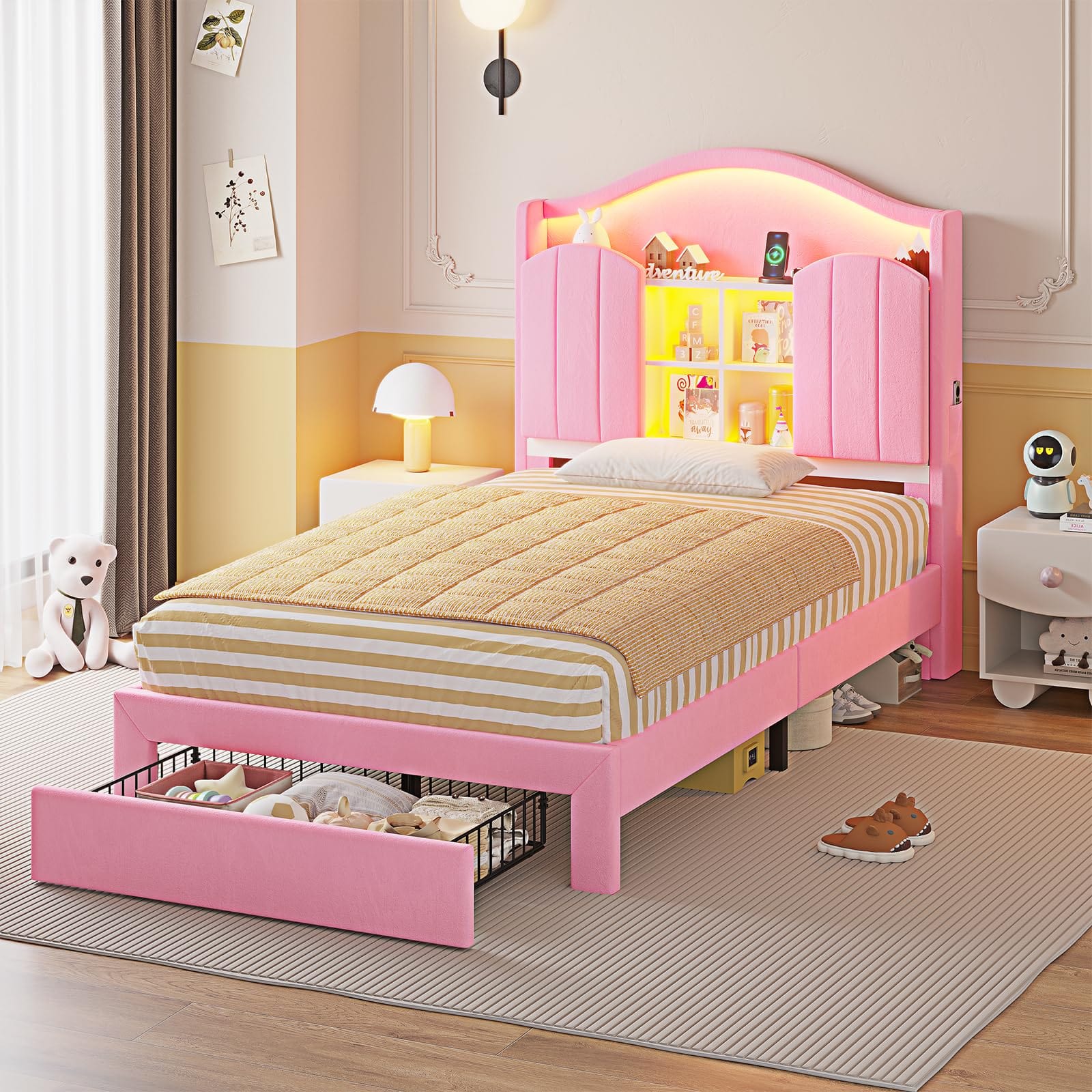 Twin Size Bed Frame with LED Lights Pink