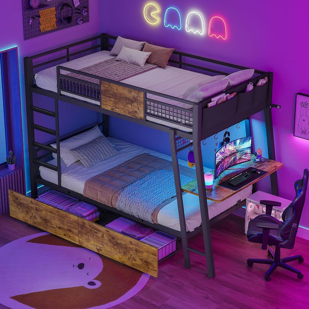 LED Bunk Bed with Desk Rustic Brown