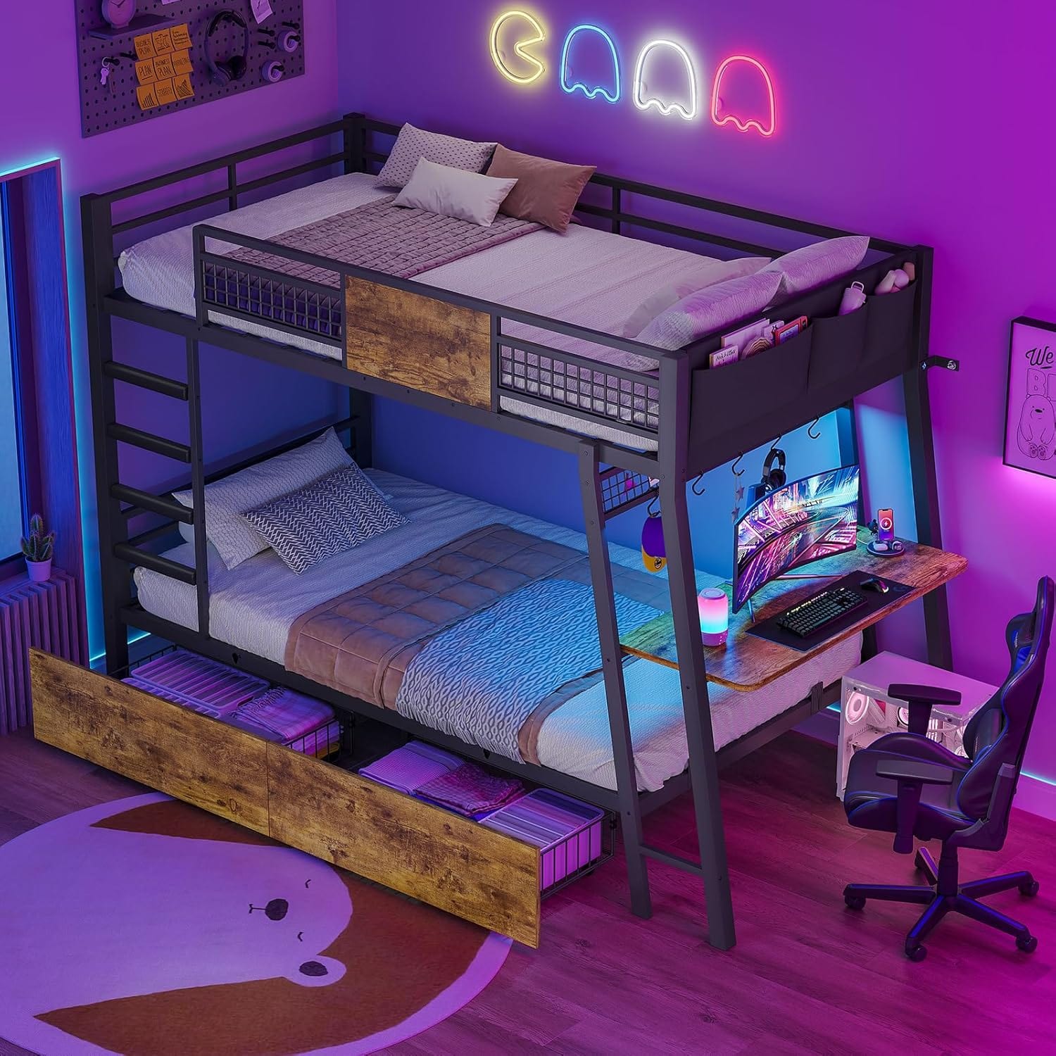 LED Bunk Bed with Desk Rustic Brown