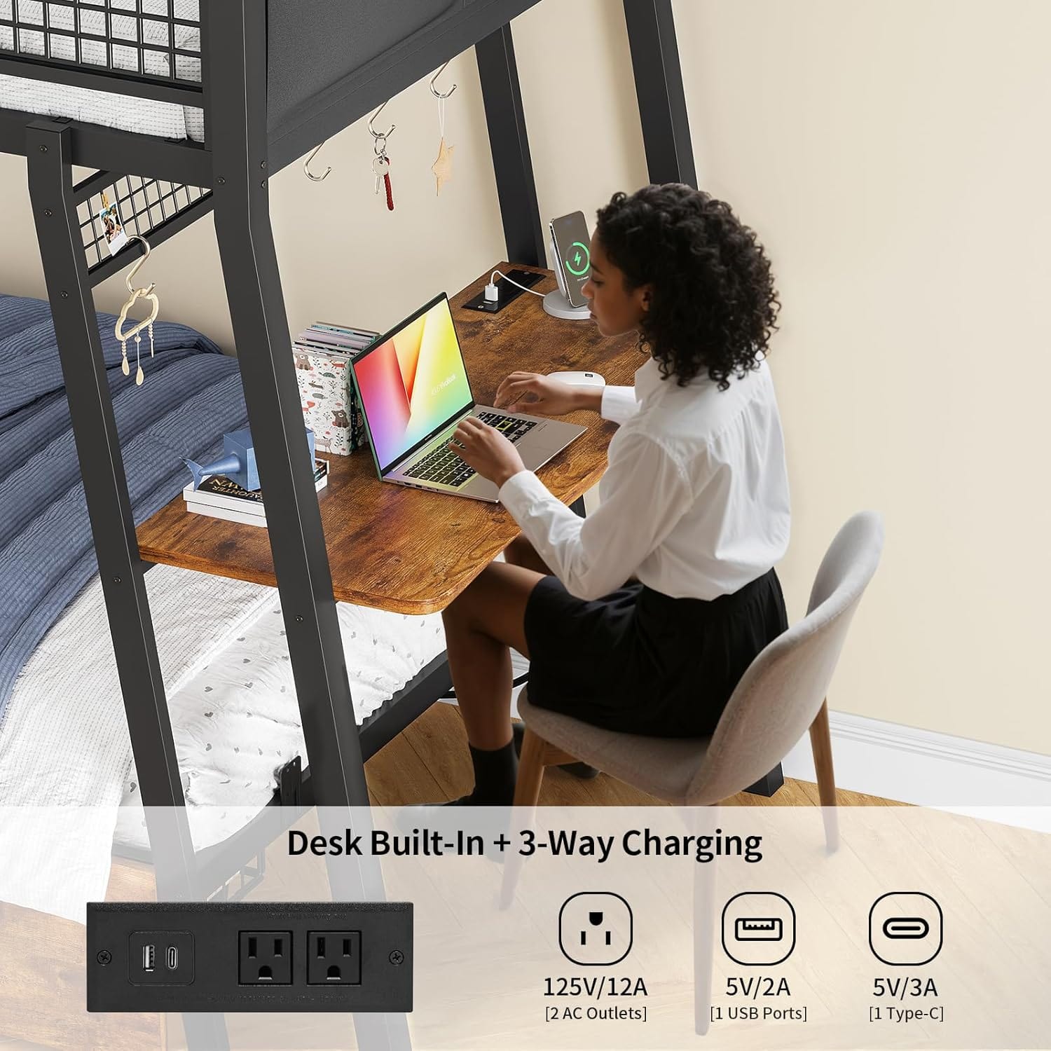 LED Bunk Bed with Desk Rustic Brown