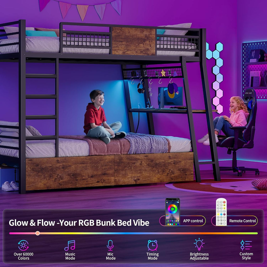 LED Bunk Bed with Desk Rustic Brown