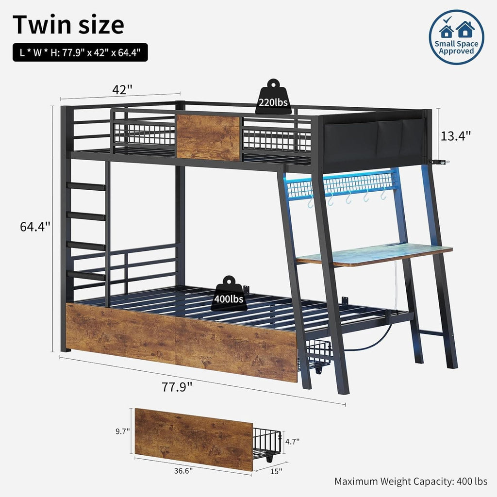 LED Bunk Bed with Desk Rustic Brown