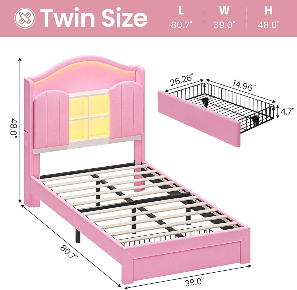 Twin Size Bed Frame with LED Lights Pink