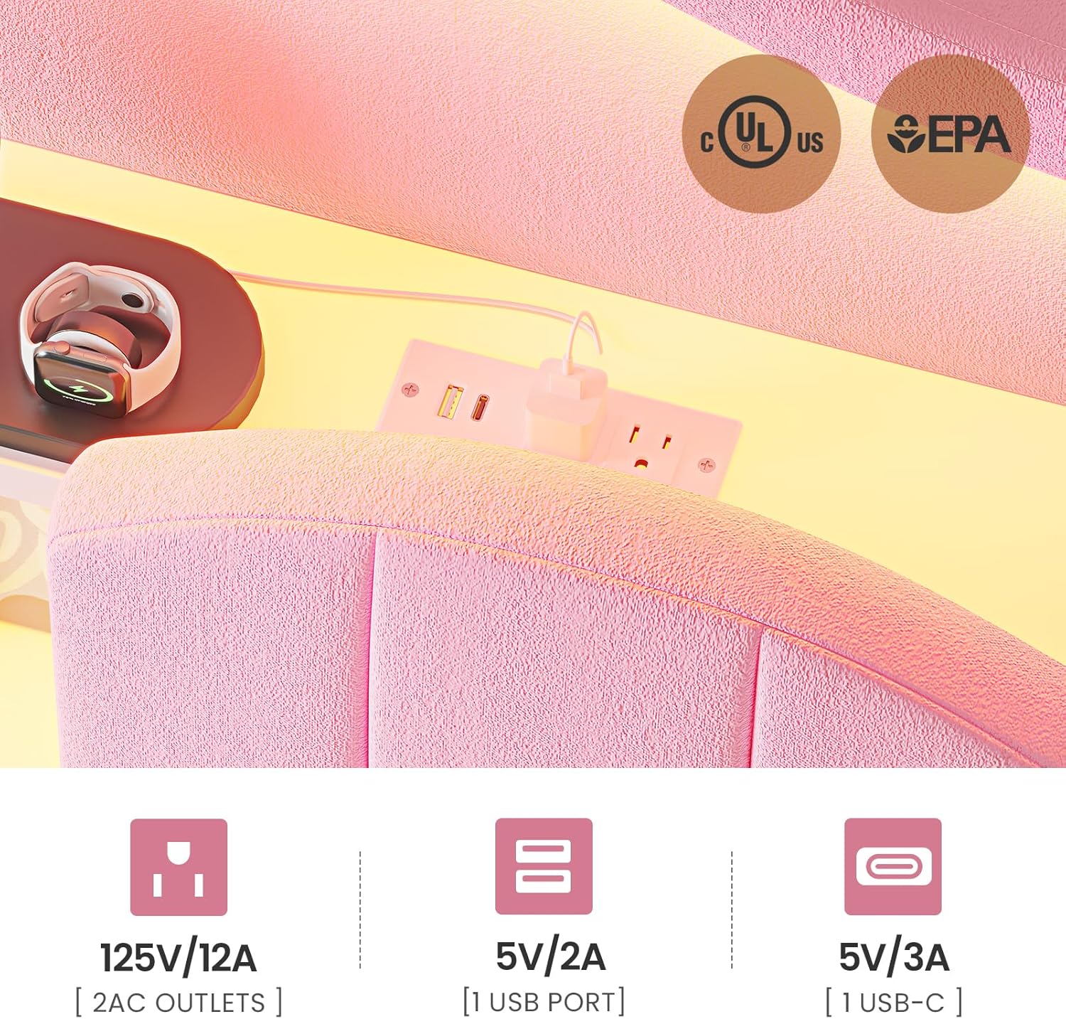 Twin Size Bed Frame with LED Lights Pink