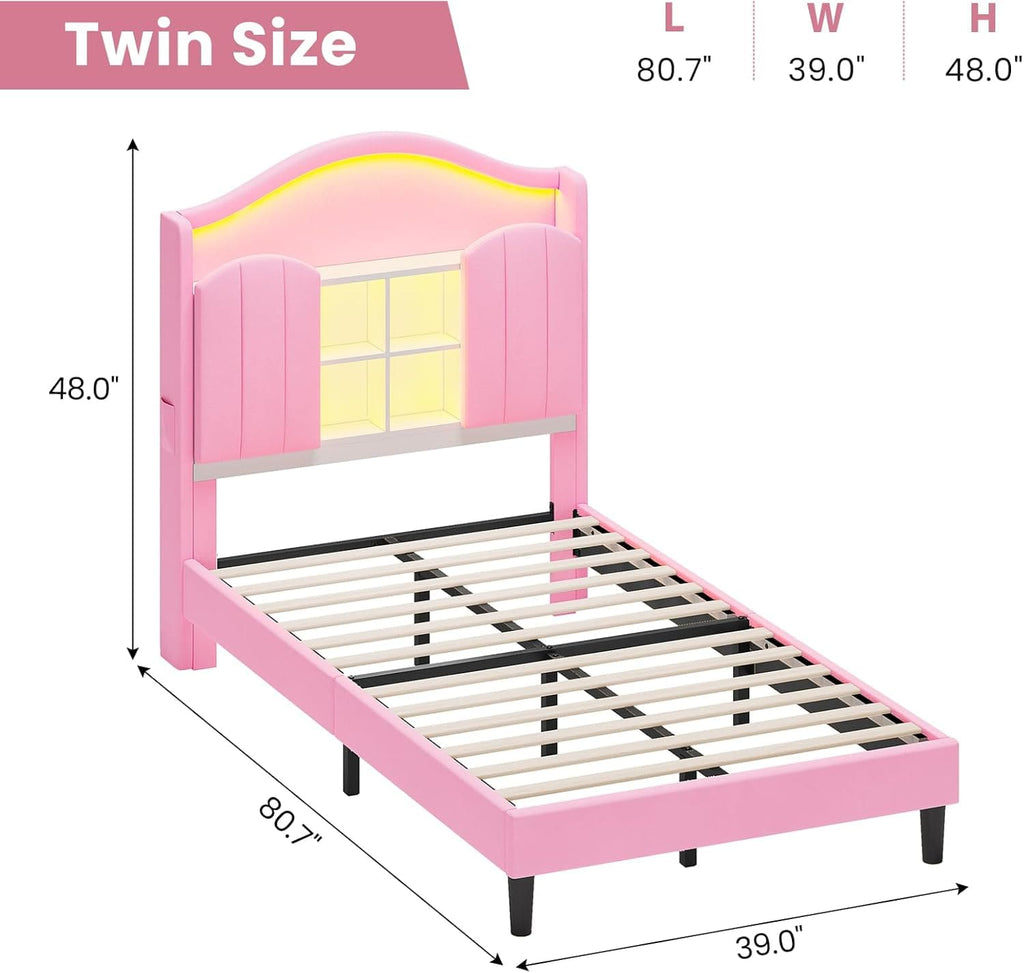 Twin Size Bed Frame with LED Lights Pink